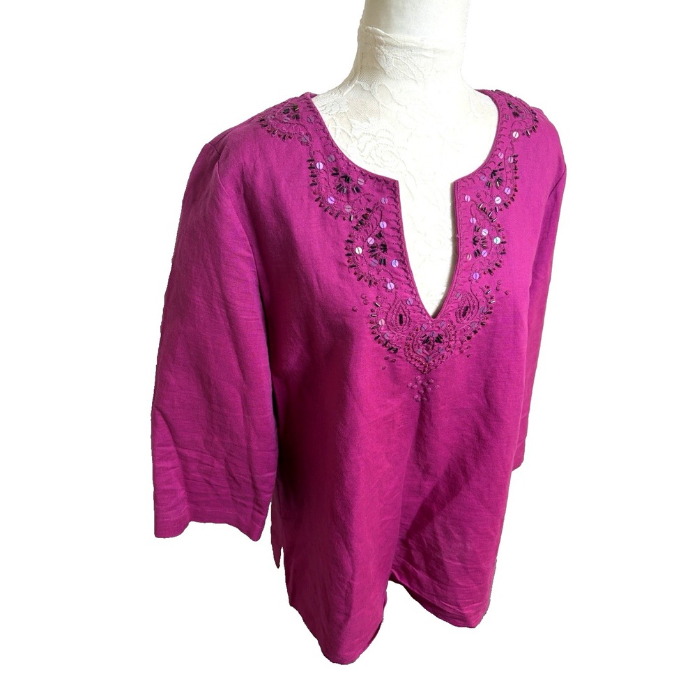Vtg Old Navy Tunic Top~XL~Fushia Pink Linen Bld  Embroidered Beaded V Neck Boho‎
